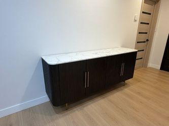 Brand New Arhaus Dupe Marble And Fluted Wood Sideboard With Brass Handles