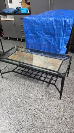 Metal and Slate Tile Glass Top Coffee Table
