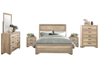 Brand new sun bleached queen bedframe + dresser + mirror + nightstand