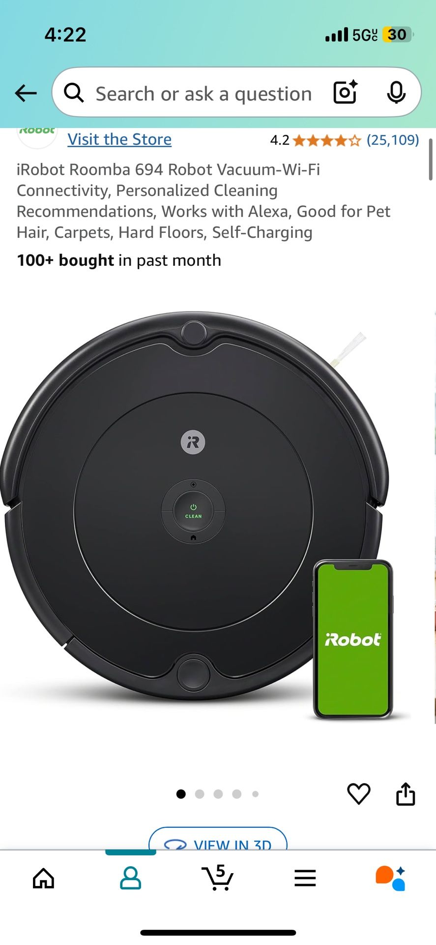 iRobot Roomba 694 Robot Vacuum-Wi-Fi Connectivity, Personalized Cleaning Recommendations, Works with Alexa, Good for Pet Hair, Carpets, Hard Floors, S