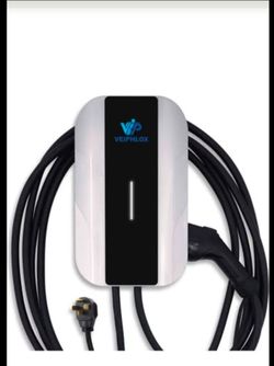 High-speed VEIPHLOX Level 2 EV charger is white and black with a NEMA 14-50 plug. This wall-mounted unit has a long black charging cable and a standar