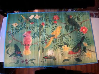 Lynn Chase Parrots Of Paradise Collectible Hawaii Tiki Flat Bamboo Slat Rug RARE