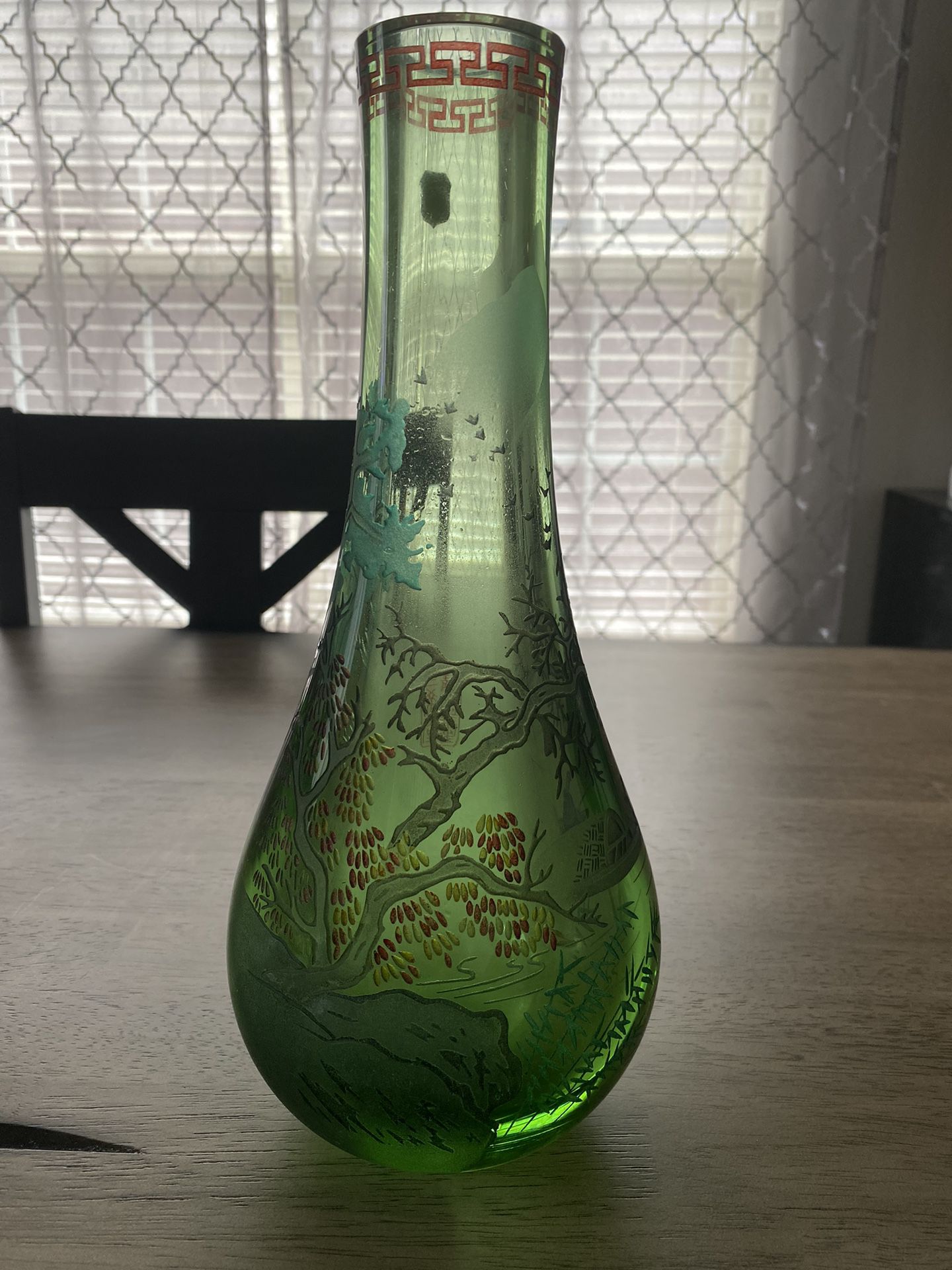 Vintage Chinese Green Peking Glass Bottle flower Vase Landscape Fishing On Boat