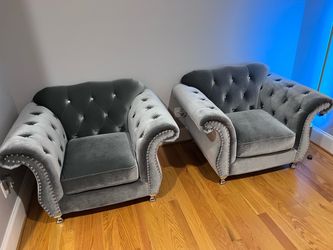 Gray Velvet Tufted Chairs(2) and a loveseat.