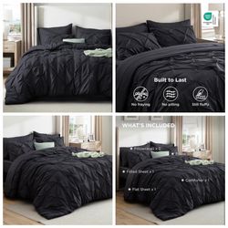 Full Comforter Set Black - Bed in a Bag Full Size Bedding Set 7 Pieces, GentleSoft™ Pintuck Bed Set Gift for Family, All Season Down Alternative Comfo