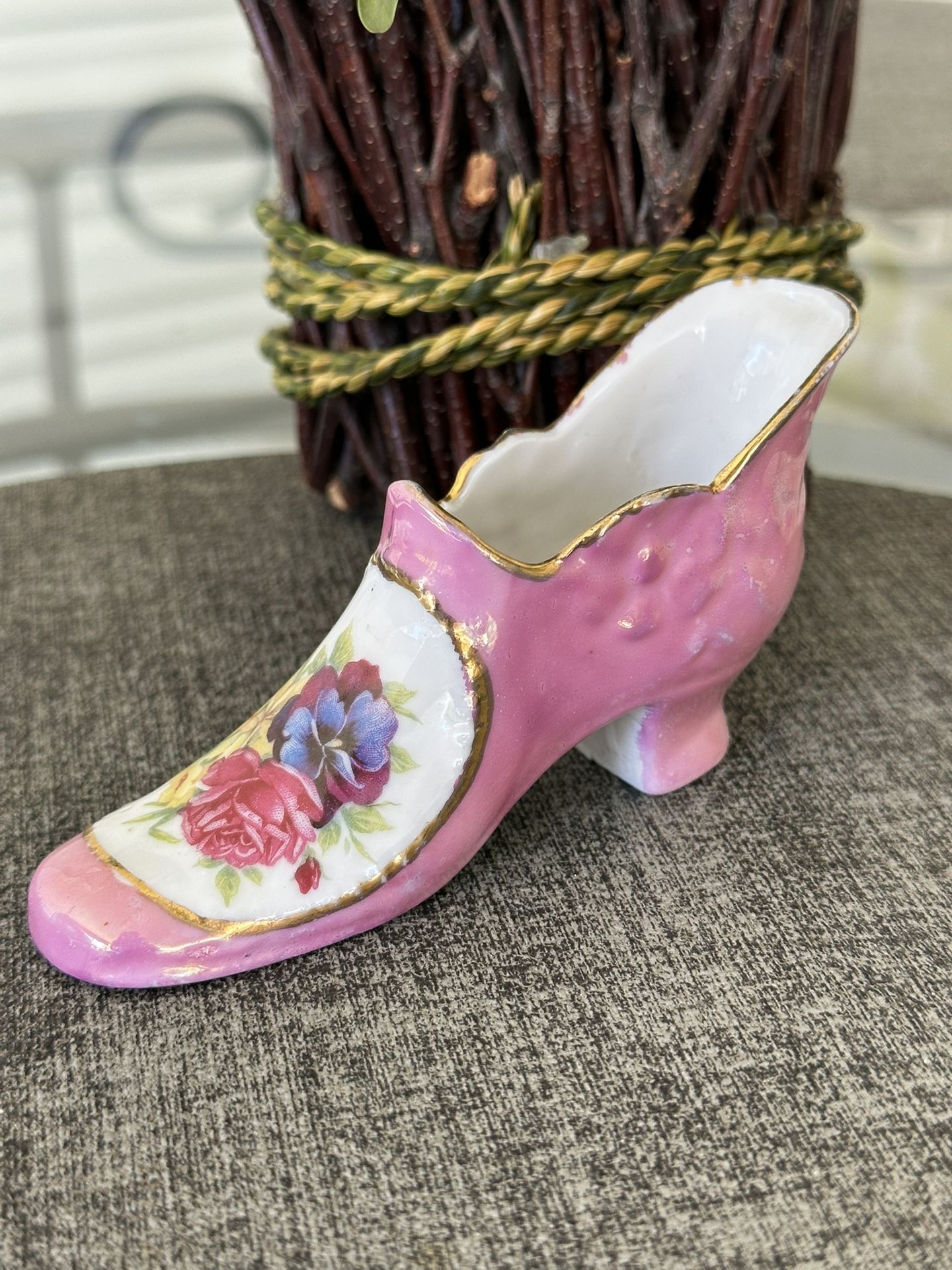 Antique German Iridescent Porcelain Pink & Gold Floral Heeled Shoe Figurine