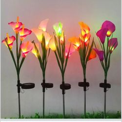 2 PCs LED Solar Power Artificial Calla Lily Flowers Landscape Light Night Lamp In-ground Outdoor Garden Yard Pathway Lawn Grassland Decoration(Red)