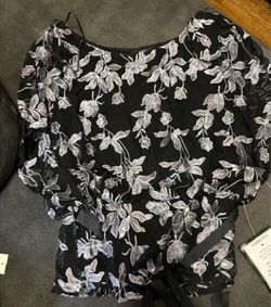 Alex Evenings Women's Black & Silver Embroidered Sequin Blouse with Sash – Size L