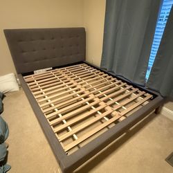 West Elm Queen Upholstered Bed Frame – Tufted Headboard Gray