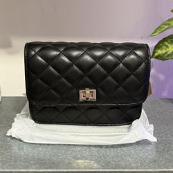 Black Vegan Leather Quilted Medium Flap Bag With Gold Chain And Lock Purse