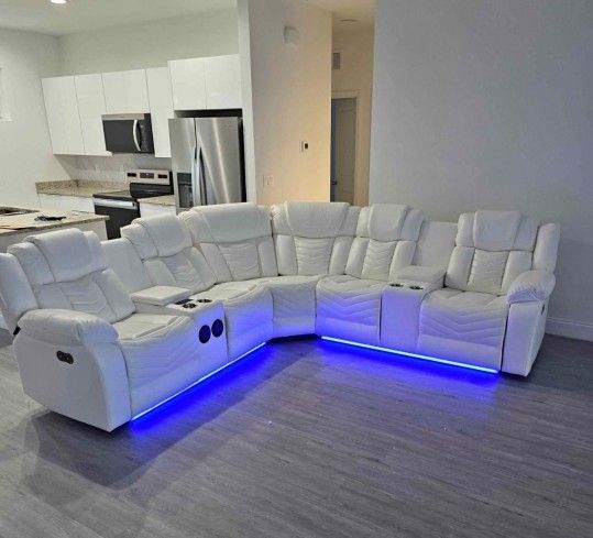 White Sectional Leather Recliner Sofa LED New