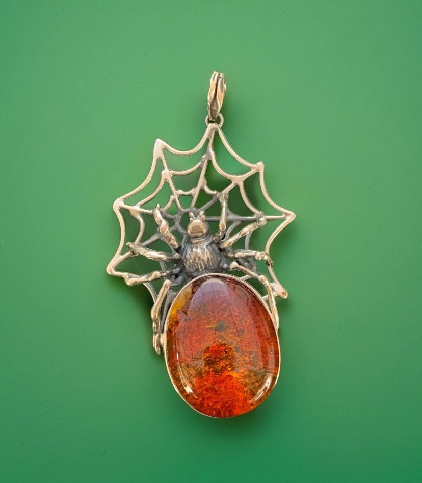Sterling Silver Bug Pendant Spider Web Necklace With Baltic Amber 925 Poland