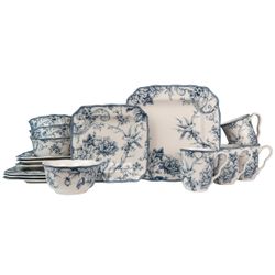 New 222 Fifth Adelaide Blue Floral Porcelain 16-Pc Microwave Safe Dinnerware Set Retail $109.00