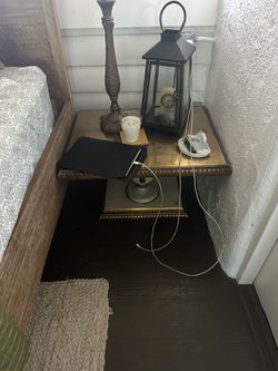 Set Of 2 Matching Gold And Glass Top Carved Wood Side Tables