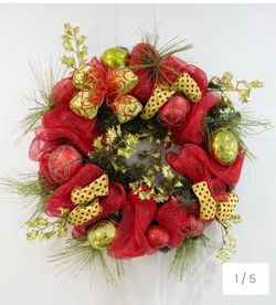 Barton 35" Christmas Hanging Garland Wreath Ornaments Leaf Bow Ribbon Door SKU: 93010