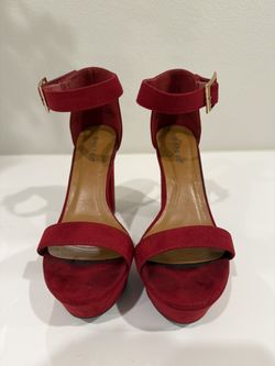 Red Platform high heel sandals by Bamboo.