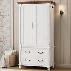 36-in W White 2 Doors Wardrobe with 2 Drawers and Roman Column and 3 Hanging Hooks