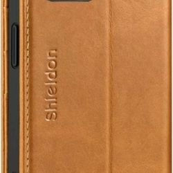 SHIELDON Case for iPhone 15 5G 2023, Genuine Leather Wallet Flip Brown 