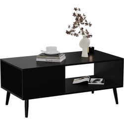 Modern Wood Coffee Table for Living Room, Retro Mid-Century Center Tables Cocktail Table with Storage Shelf for Reception, Black