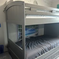 Grey Bunk Bed with Mattress and Trundle Pullout