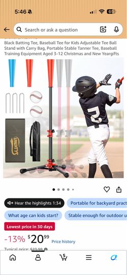Black Batting Tee, Baseball Tee for Kids Adjustable Tee Ball Stand with Carry Bag, Portable Stable Tanner Tee, Baseball Training Equipment Aged 3-12 C