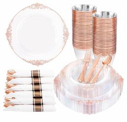 Nervure 175PCS Rose Gold Plastic Plates - Disposable Rose Gold Party Plates & Pre Rolled Napkins with Cutlery for 25 Guests, 50Plates, 75Silverware, 2