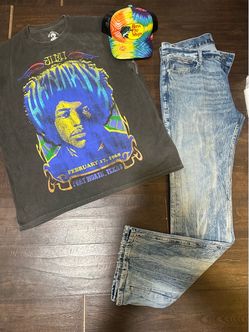 T- shirt large , Hudson jeans size 33, adjustable trucker cap