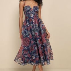 Lulus Cherished Aura Navy Blue Floral Organza Bustier Midi Dresst