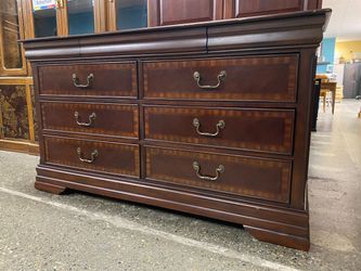 Dark Brown Wood 9-Drawer Lowboy Dresser w/ Stripped Inlay