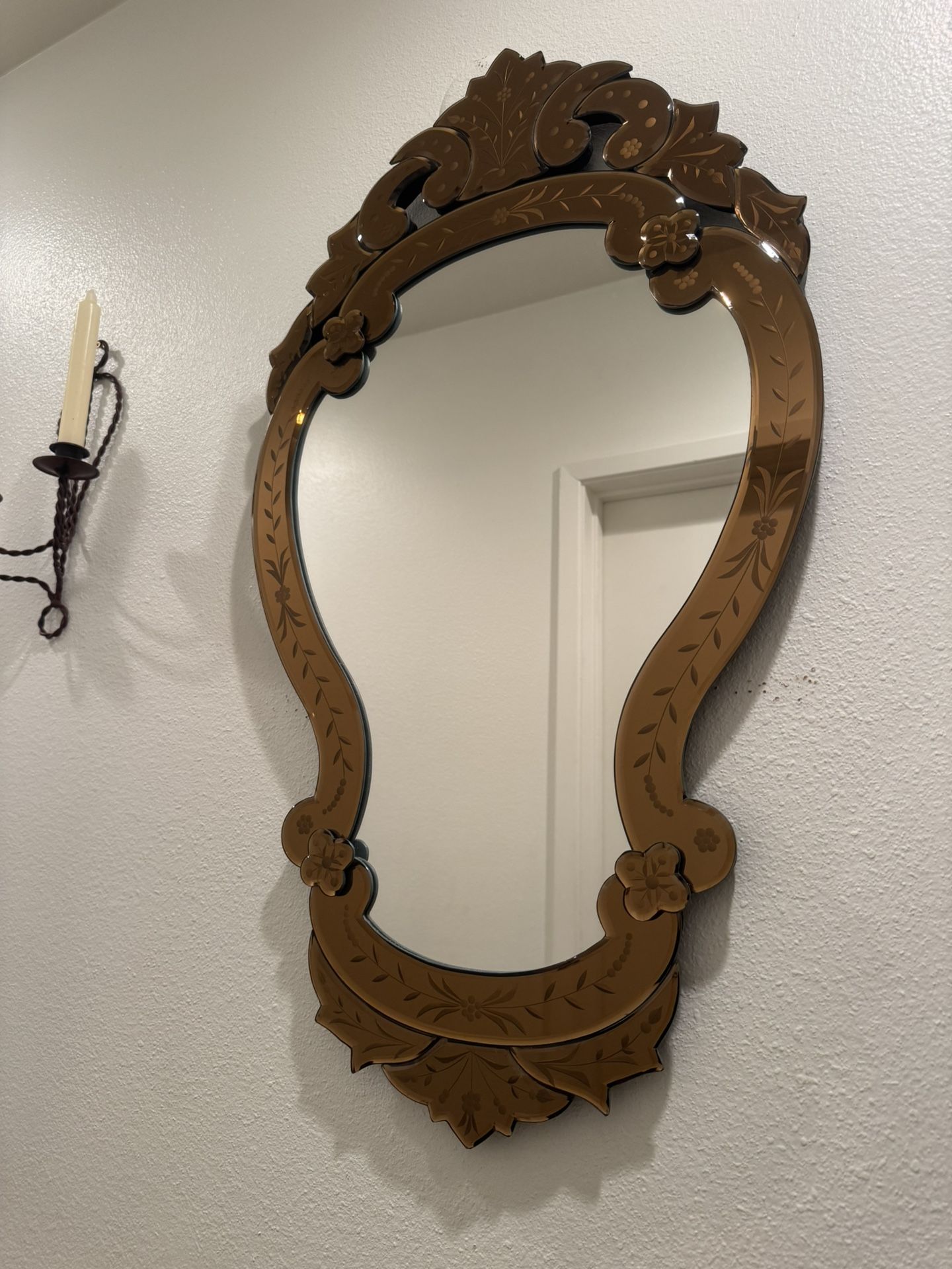 Vintage Venetian Floral Bronze Two Tone Glam Ornate Decorative Mirror Boho Lux