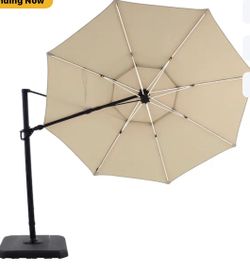 allen + roth 11-ft Aluminum Beige Crank Cantilever Patio Umbrella with Lights with Base