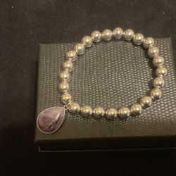 SilverTone Beaded Stretch Bracelet With Amethyst Charm