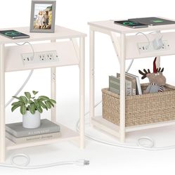 New Cream White Set of 2, Small Side Tables for Living Room, Bedroom, Nightstand with Power Outlets and USB Ports