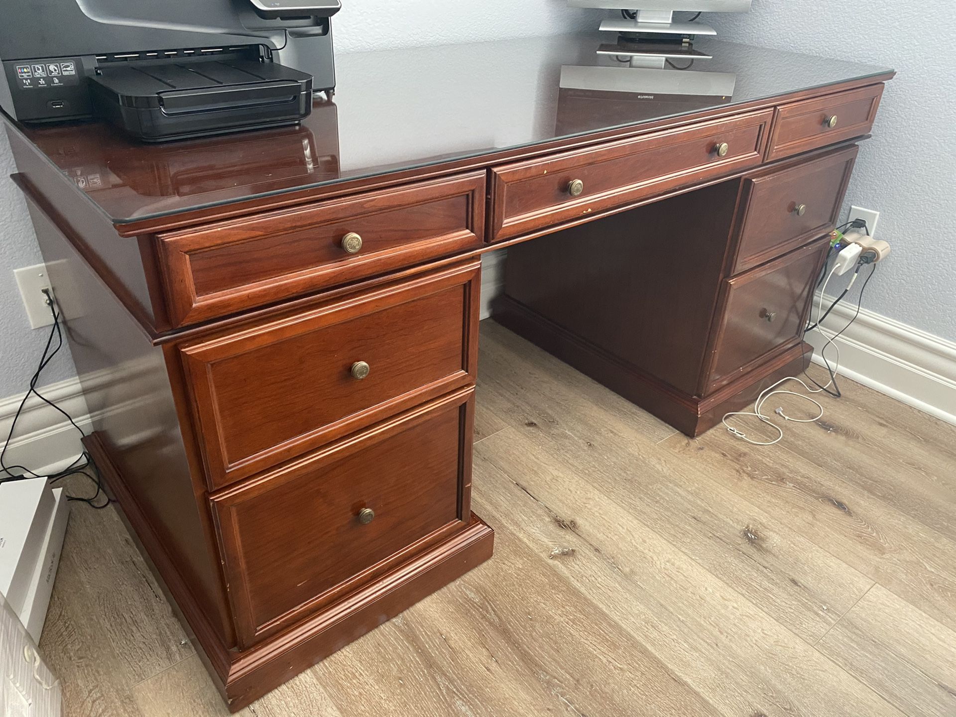 Cherry wood Executive Desk with glass top and chair for Sale in Chula Vista, CA OfferUp