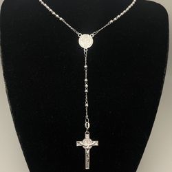 925 Silver Rosary Necklace 16in – Double-Sided Crucifix & St. Benedict Medal