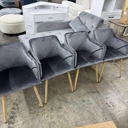 Set of 4 Velvet Dining Accent Arm Chair for Kitchen, Fabric, Grey