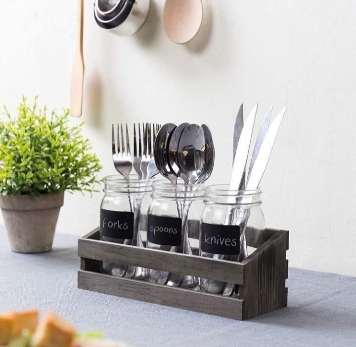 Beautiful Rustic Wooden Caddy With 3 Mason Jars