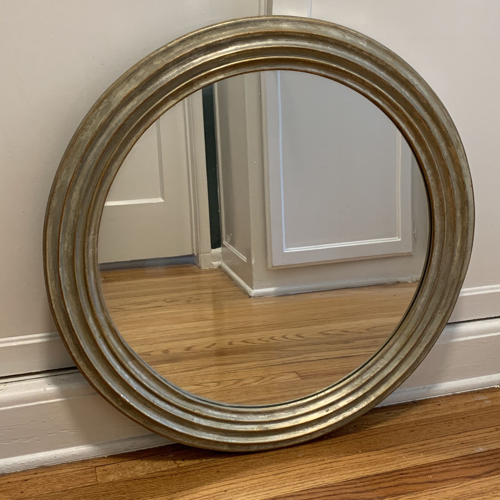 Round wall mirror silver gold distressed rubbed antique finish vintage - 25”