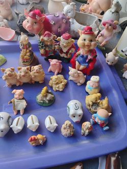 Tiny to large pig theme porcelain and ceramic 1 bronze and two wooden pigs with story papers