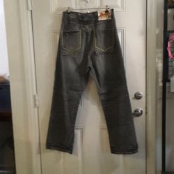 VTG AKADEMIKS DENIM TAUPE WASH EMBROIDERED JEANS MENS SZ 32 BAGGY HIP HOP SKATE