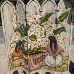 Hand-Carved Wooden Room Divider Screen – 66"x57" Floral & Folk Art Design

