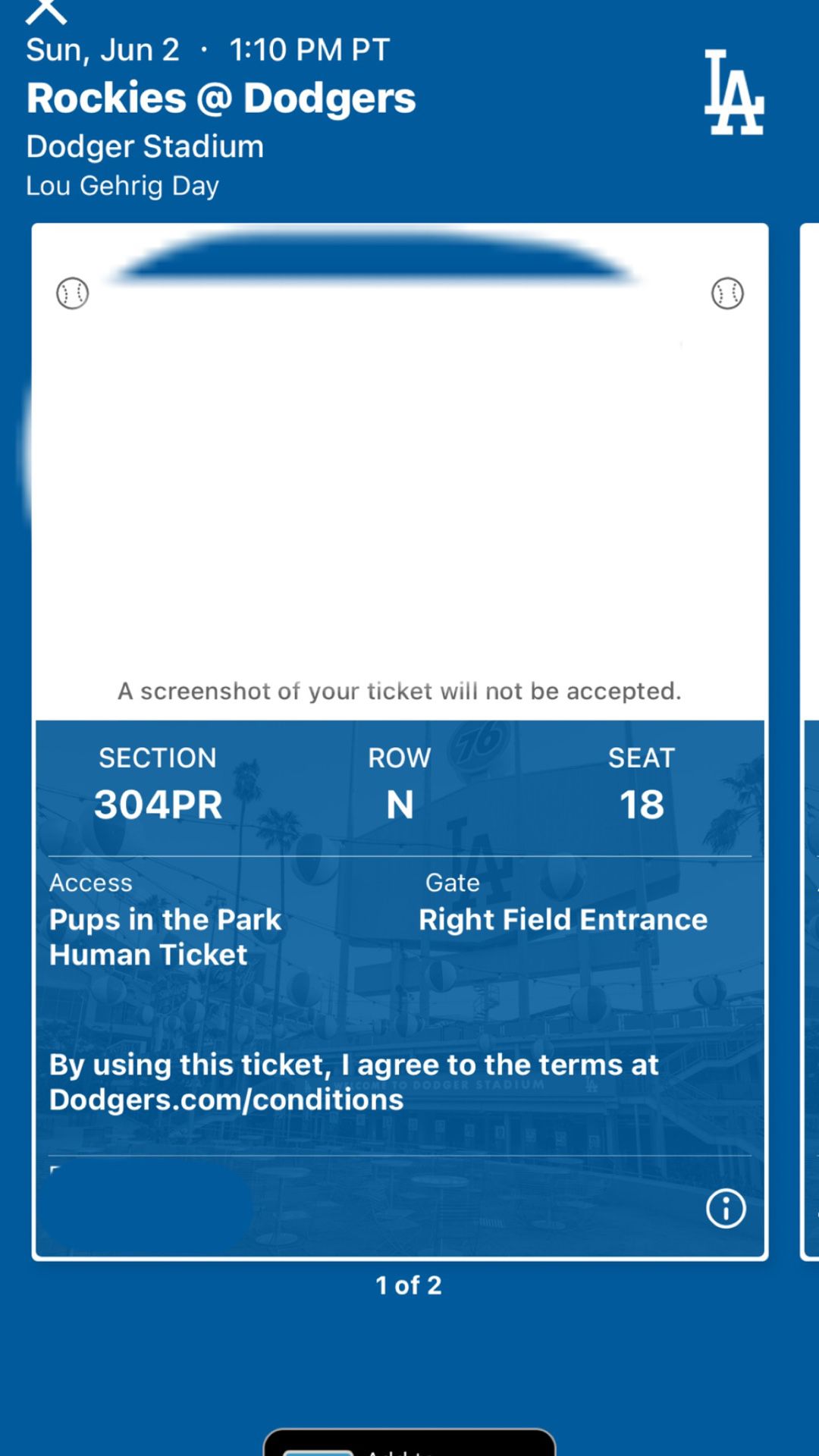 LA Dodgers Pups In The Park Humans Ticket  (Selling 2 Tickets) - Does Not Include A Dog Ticket 