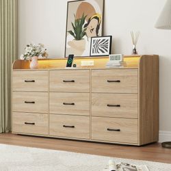 9 Drawer Dresser for Bedroom, 63" Large Long Wood dresser with Power Outlet, LED Light and Deep Big Drawers, Modern Minimalist Oak Dresser Wide Chest 