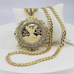 Centenario y Cadena 30” chapado en orò 14k/Centenario and Chain 30”Gold plated