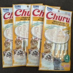 INABA Churu Cat Treats, Grain-Free, Lickable, Squeezable Creamy Purée Cat Treat/Topper with Vitamin E & Taurine, 0.5 Oz Each Tube, 4 Tubes, Chicken