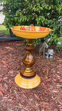Ceramic Birdbath with Fall Harvest Design