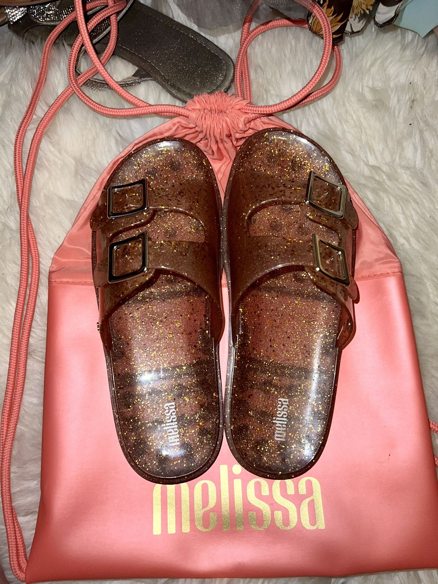 Melissa rose gold glitter jelly slides