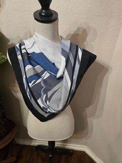 Vintage Large silk-like scarf with abstract bird and geometric design. Clean navy blue, slate gray, and ivory color palette. Lightweight and versatile