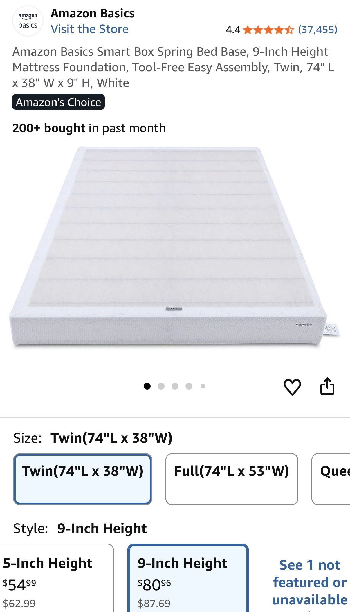 Amazon Basics Smart Box Spring Bed Base, 9-Inch Height Mattress Foundation, Tool-Free Easy Assembly, Twin, 74" L x 38" W x 9" H, White
