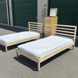 Nice Pair Of Solid Pine Twin Size Bedframes With Mattresses & 6 Drawer Dresser 